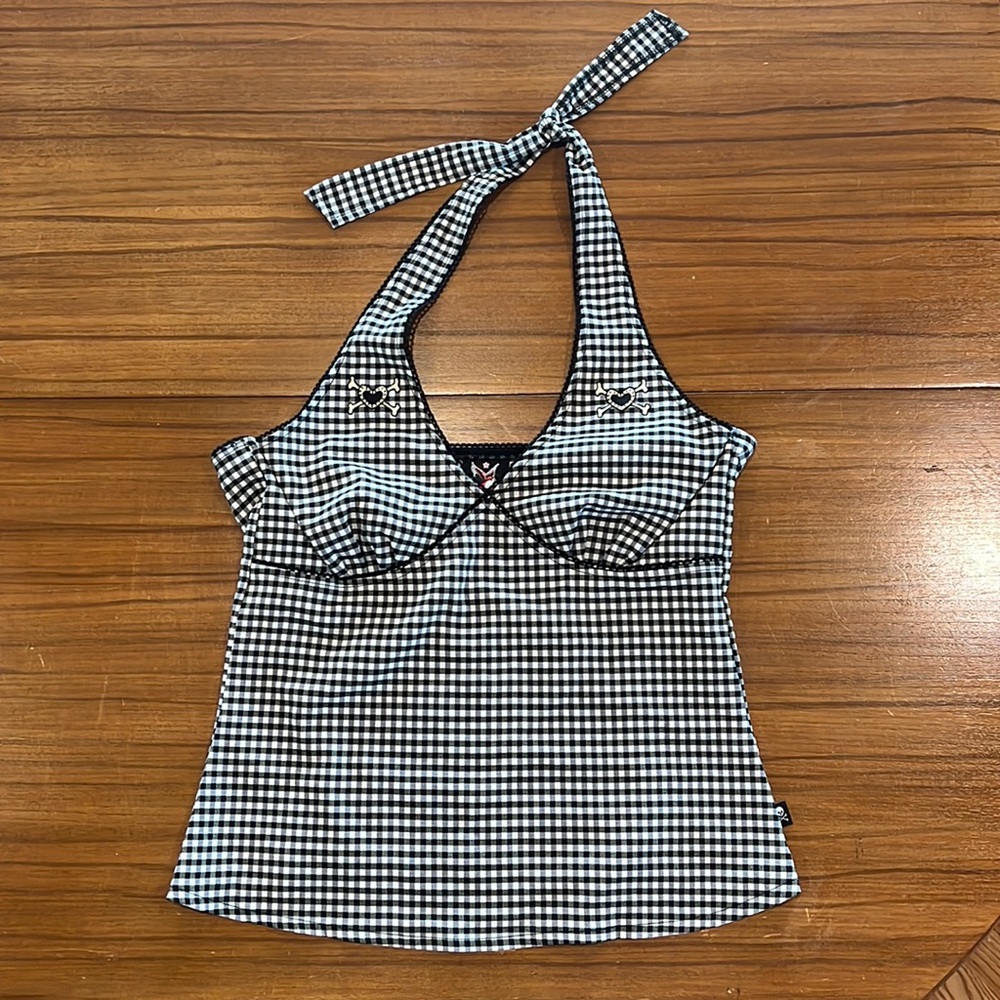 Illicit Clothing Company women’s halter top size Large gingham black and white
